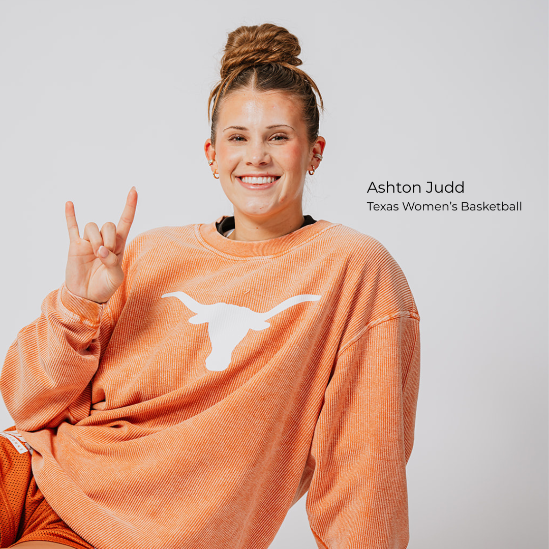 Ashton Judd Texas Women's Basketball athlete wearing burnt orange Longhorn corded sweatshirt from ChickaD