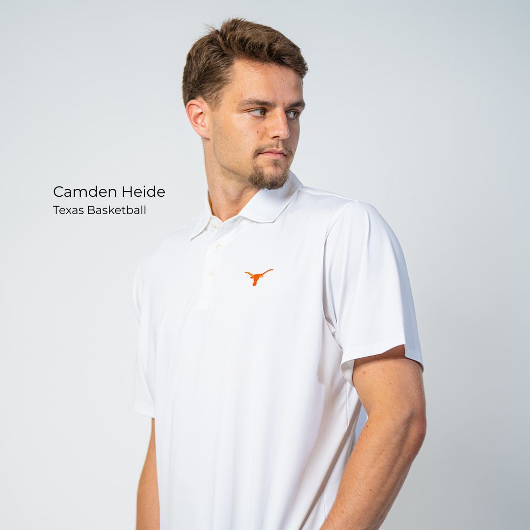 Camden Heide Basketball athlete wearing white Texas Longhorns B. Draddy polo
