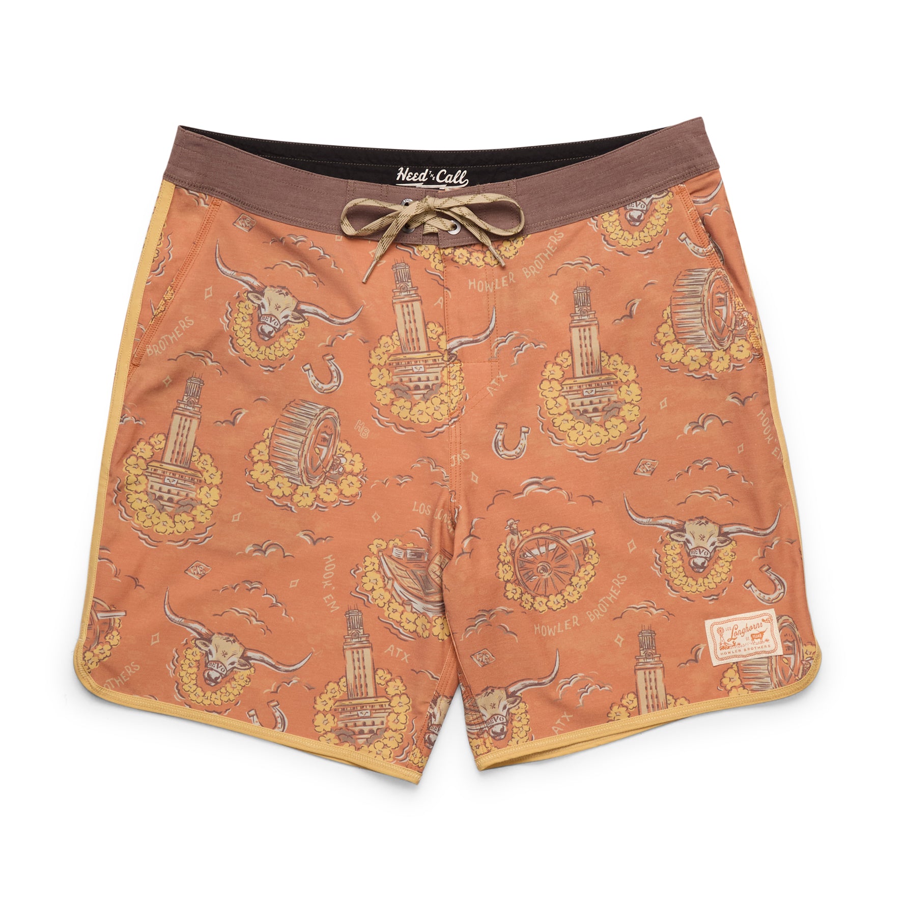A pair of orange board shorts with a detailed cowboy and barrel print, featuring a brown elastic waistband with a drawstring and a visible 'Heidi Coll' brand label.