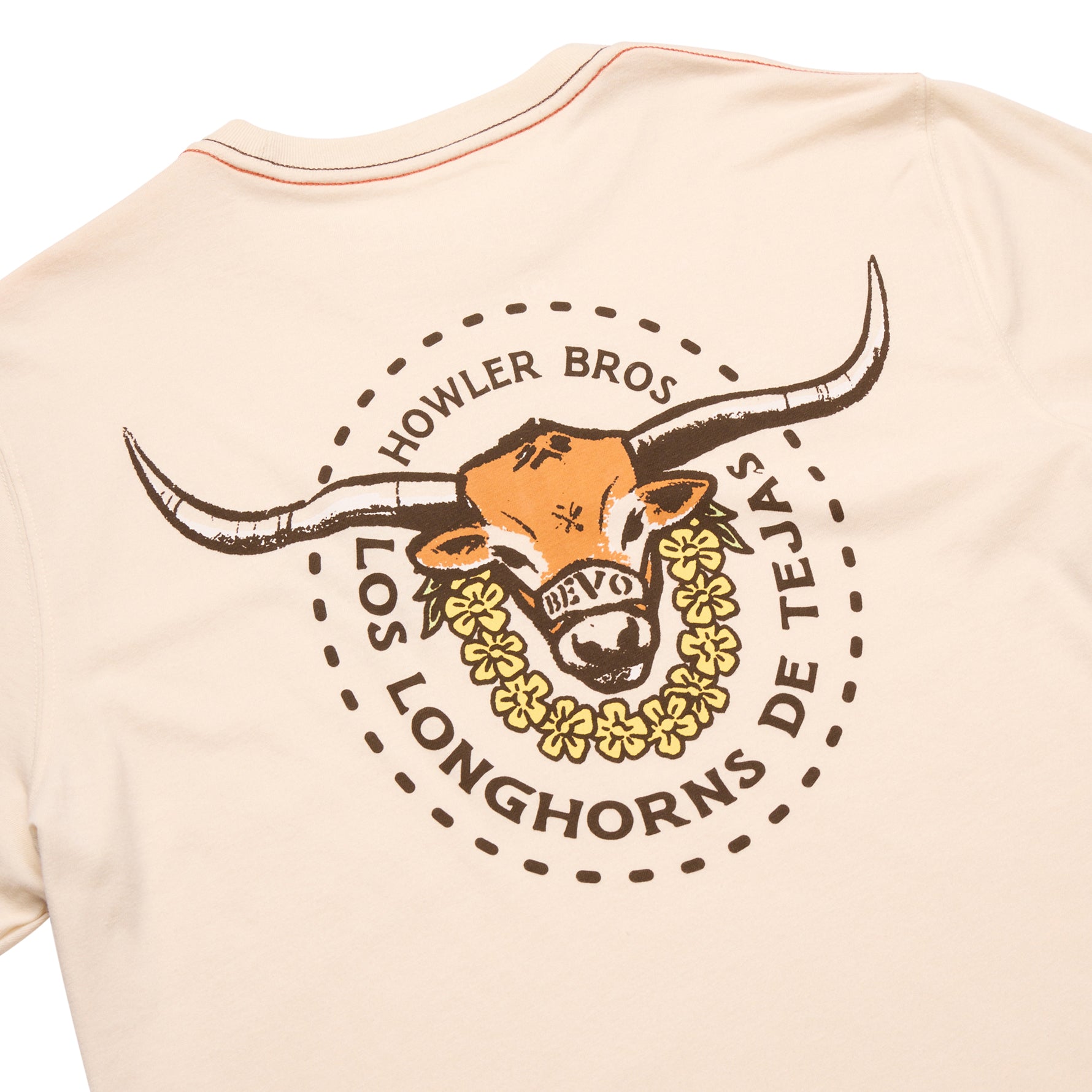 Howler Bros Los Longhorns De Tejas Los Bevo Circle Front and Back Tee