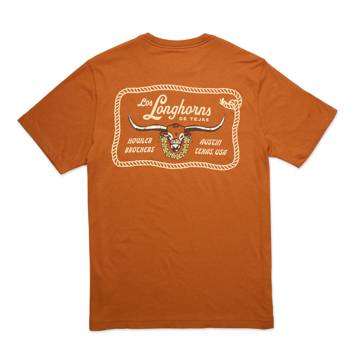Howler Bros Los Longhorns De Tejas Los Bevo Buckle Front and Back Tee
