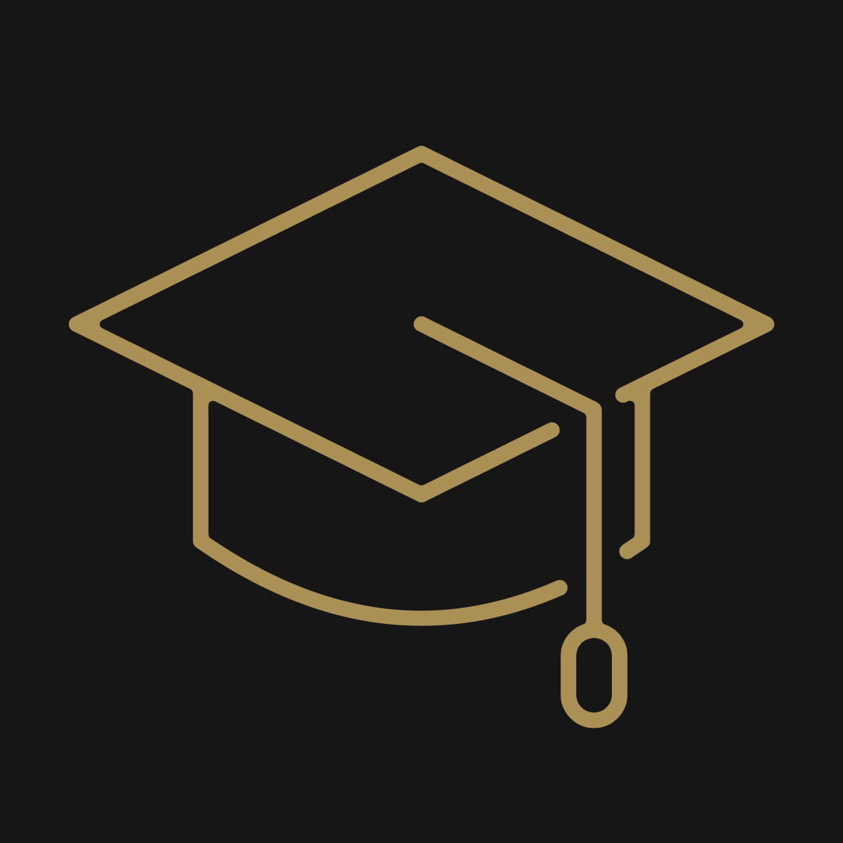 Gold graduation cap icon on a black background