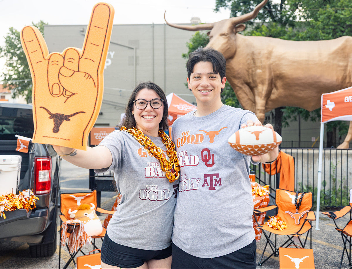 Longhorn Fans wearing Longhorn merch at a tailgate