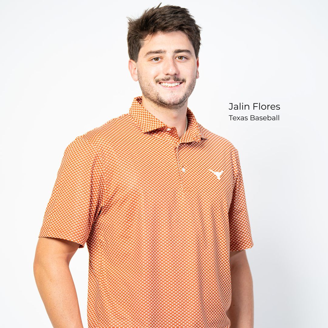 Jalin Flores Texas Baseball player wearing Longhorn pattern Forty Acres polo