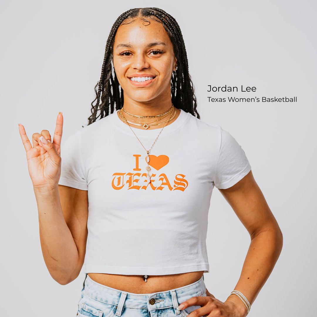 Jordan Lee Texas Women's Basketball player wearing an I love Texas burnt orange and white crop top