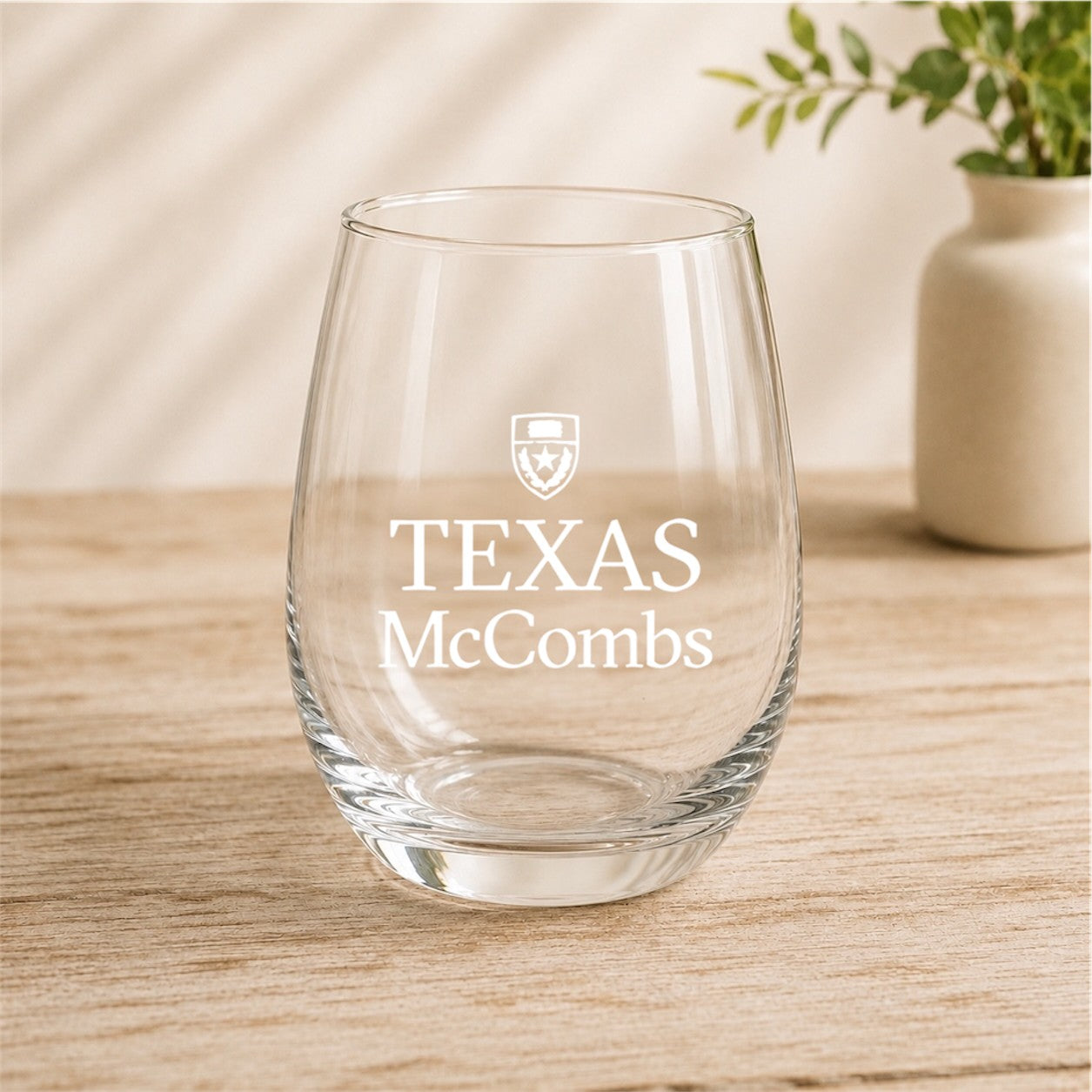 University of Texas McCombs 15oz. Stemless Wine Glass Stacked Logo