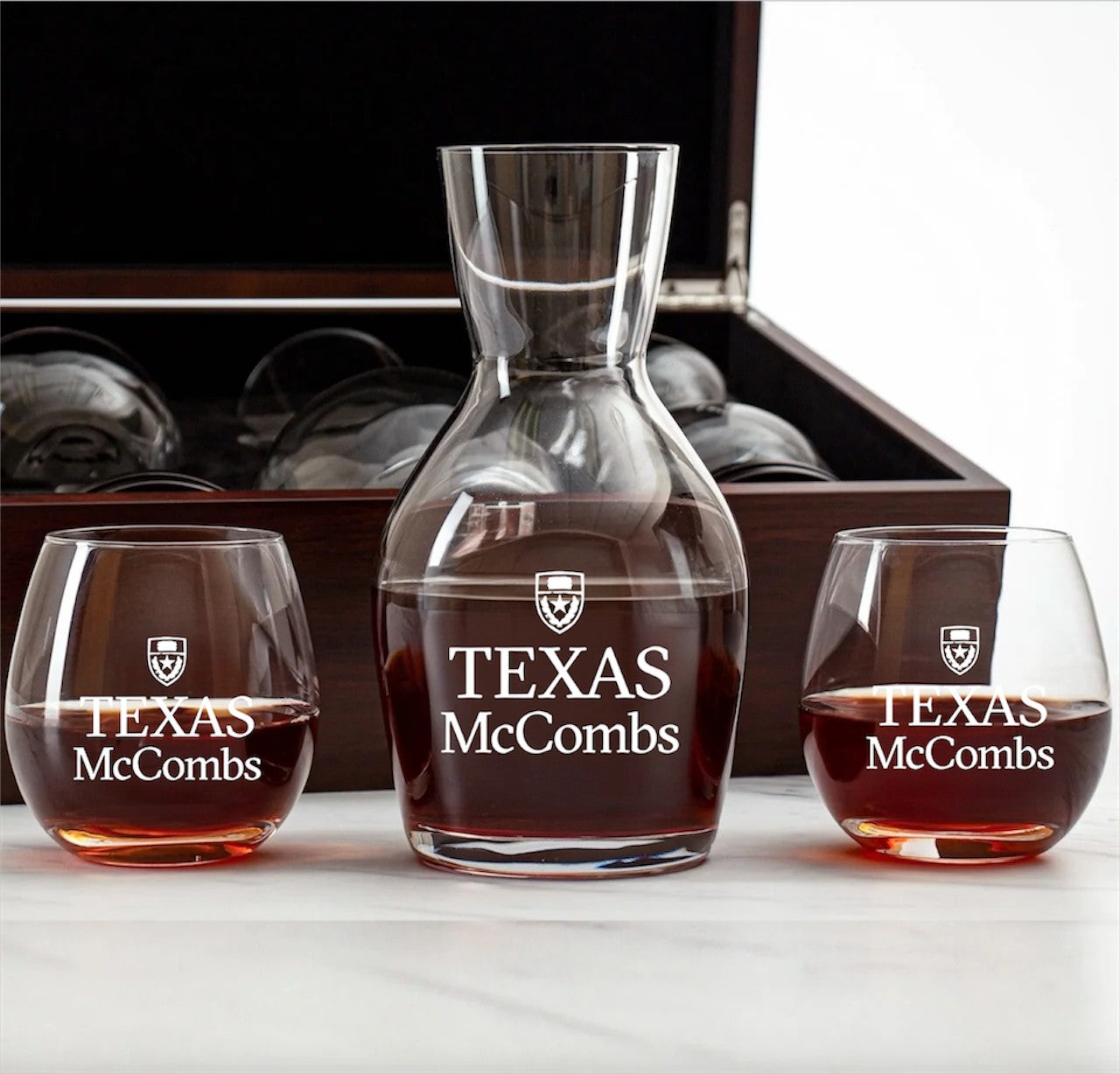 University of Texas McCombs Wine Decanter w/ 4 Stemless Glasses and Premium Wood Gift Box