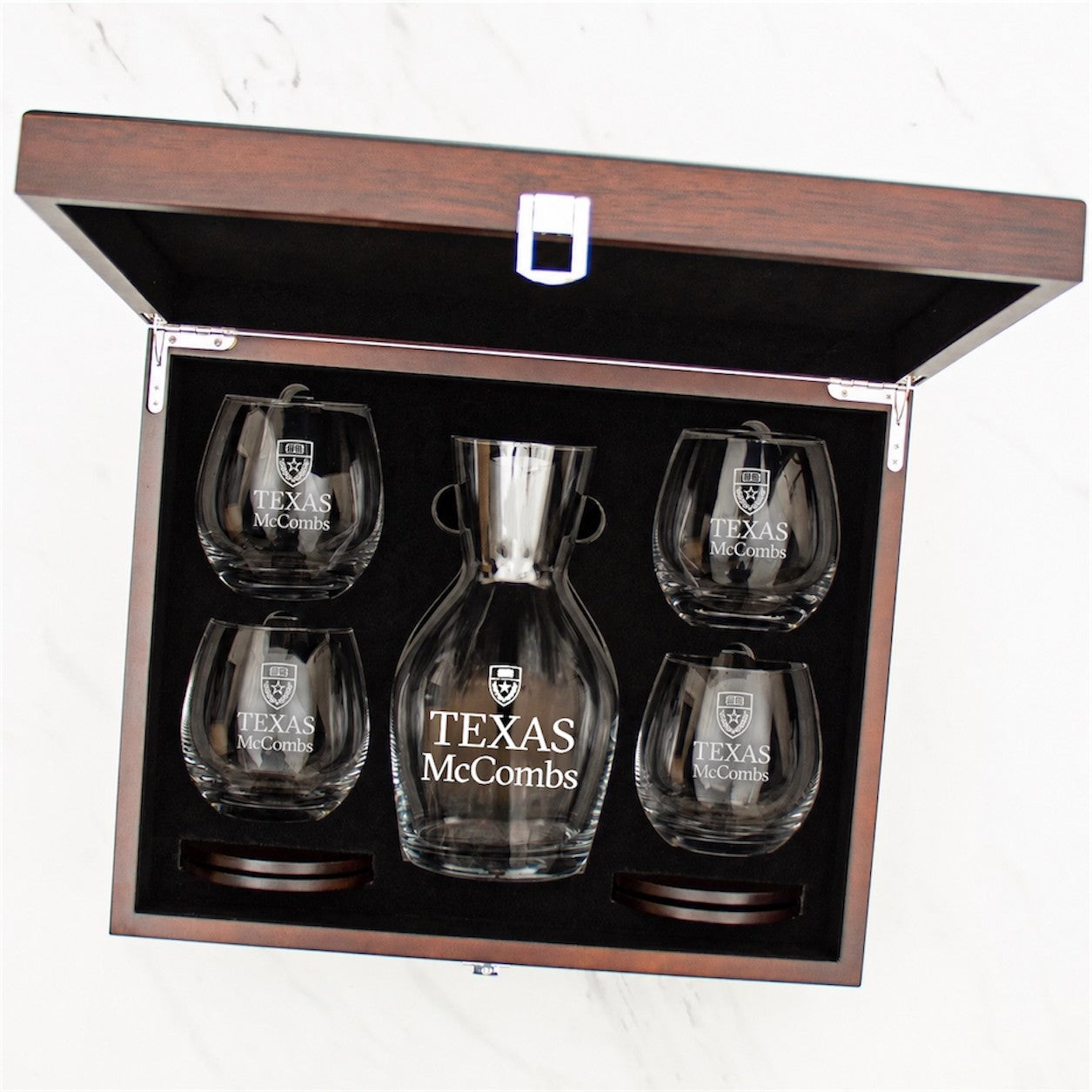 University of Texas McCombs Wine Decanter w/ 4 Stemless Glasses and Premium Wood Gift Box