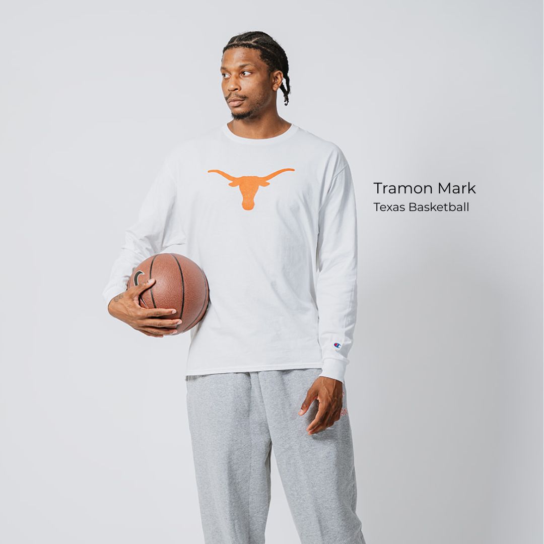 Tramon Mark Texas Basketball player wearing white Longhorn long sleeve shirt