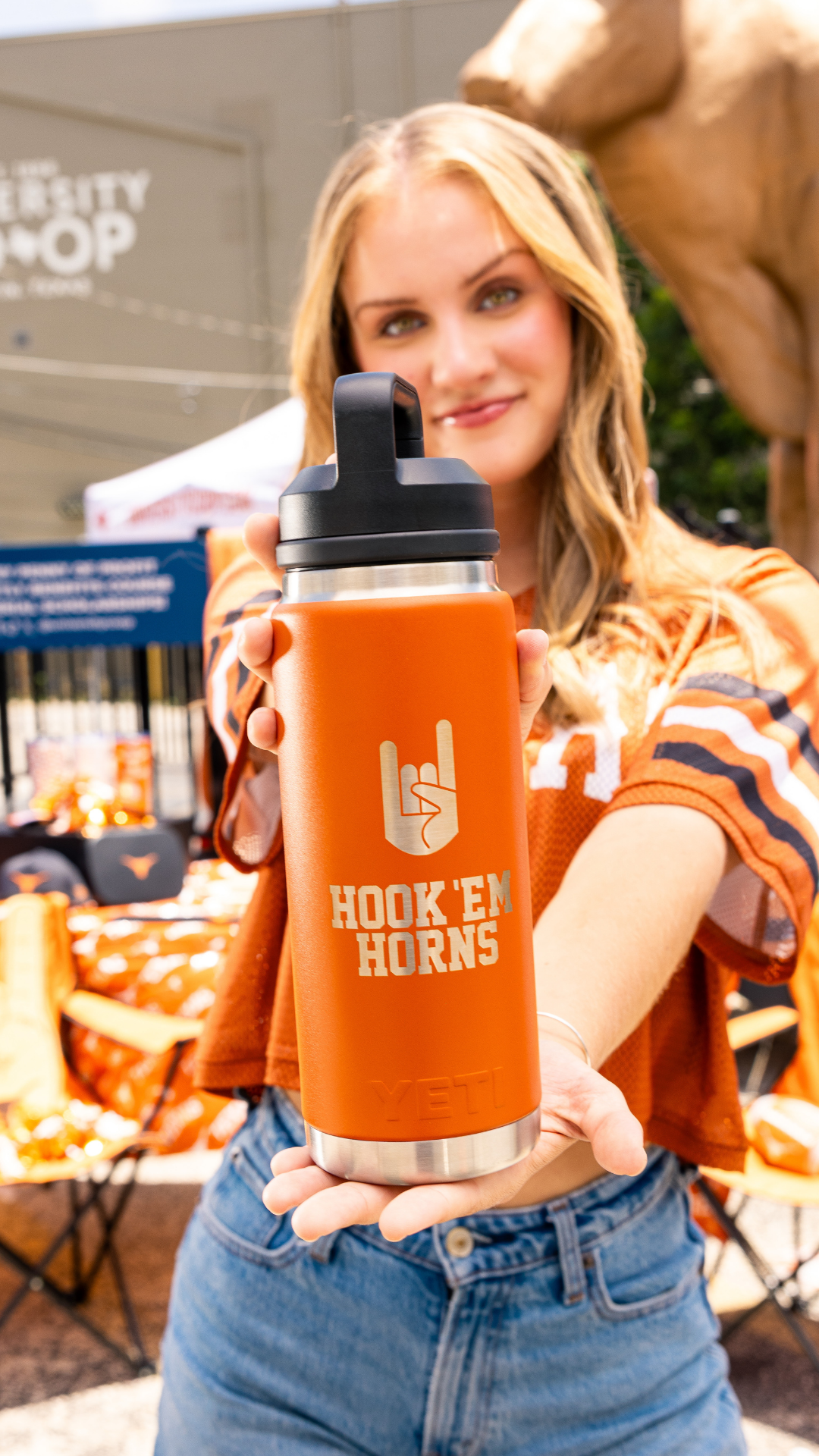 Longhorn fan showing a YETI longhorn drinkware 