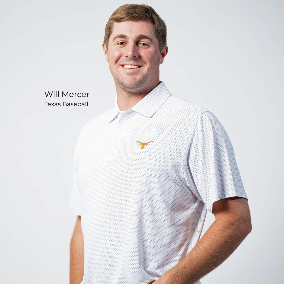 Will Mercer Texas Baseball athlete wearing B Draddy white Texas Longhorn polo