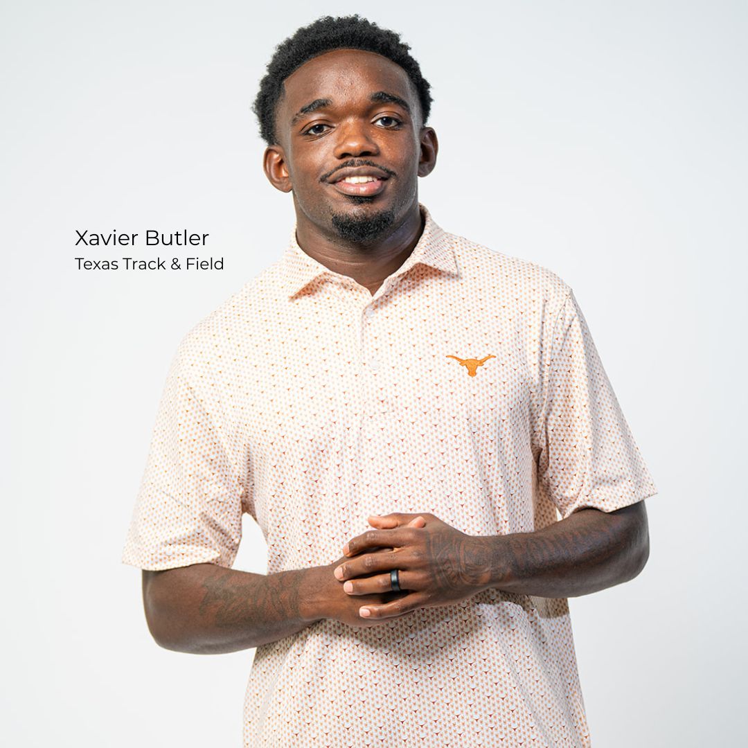 Xavier Butler Texas Longhorns Track & Field athlete wearing Forty Acres burnt orange Longhorn polo