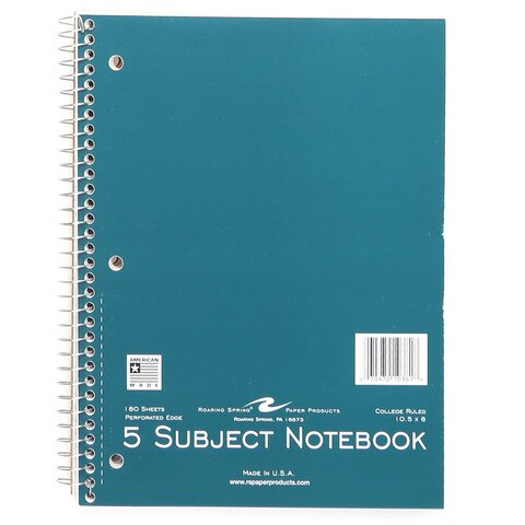 College Ruled Five Subject Spiral Notebook, 3 Hole Punched, Perforated -  Roaring Spring Paper Products