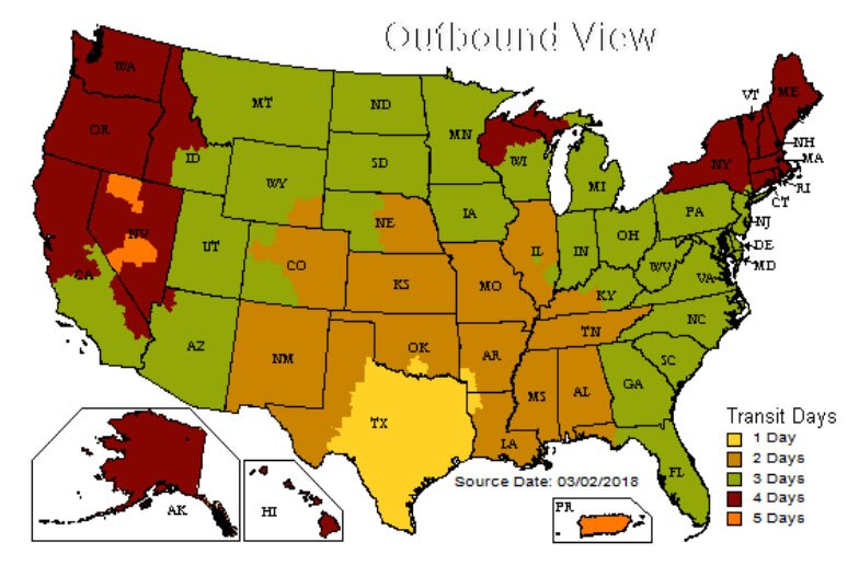 ups travel time map