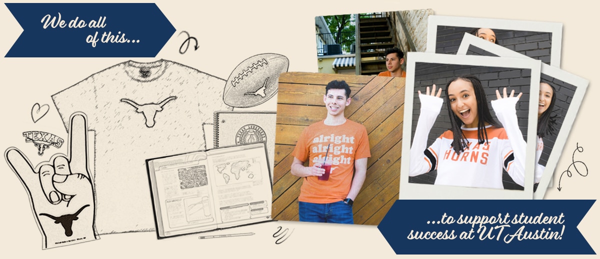 Polaroid photographs of UT Students and sketching of Longhorn products the Co-op sells. 'We do all of this to support student success at UT Austin!'