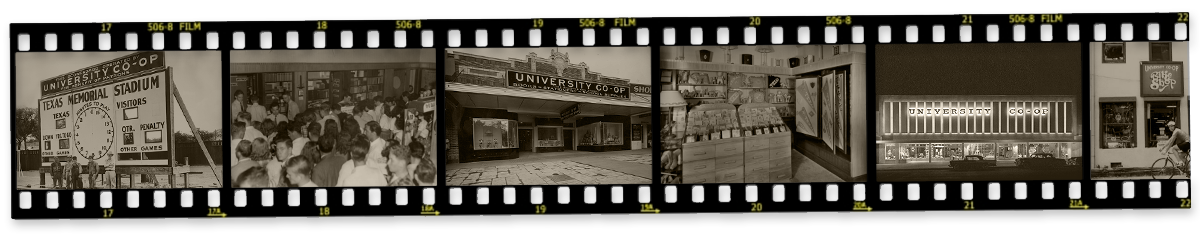 Black and white film strip of the Co-op over the last 100 years. Shows exampls of how the Co-op has served Longhorn Students over the years