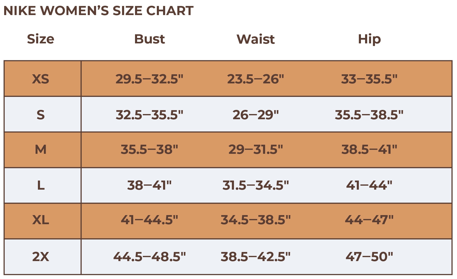 Nike Women's Tees Size Chart